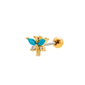 Golden stainless steel dragonfly stud earring with blue turquoise wings and clear zircons