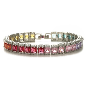 Elegant bracelet featuring multi-colored rectangular gemstones with crystal halo settings