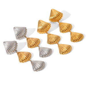 Three-tier scallop shell drop earrings in polished gold and silver stainless steel finishes