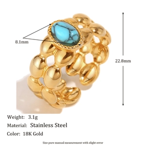 Double layer 18K gold plated stainless steel open ring with oval blue turquoise stone