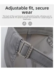 Detail of adjustable metal buckle on grey quick-dry baseball cap for secure fit