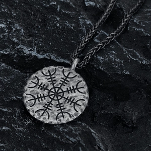 Nordic Viking Vegvisir compass pendant necklace on black stone background for men