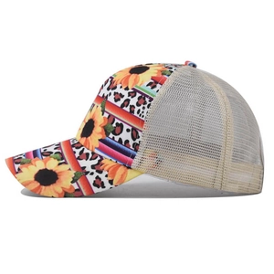 Sunflower and leopard print mesh ponytail baseball cap with colorful stripe pattern design