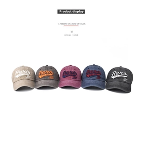 Detail of washed cotton baseball caps with Aero 3D embroidery in five varied colors