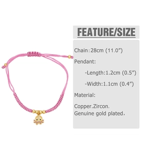 Detailed view of pink woven bracelet with golden octopus charm and size specifications