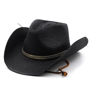 Black woven straw cowboy hat with golden bead band and adjustable chin strap