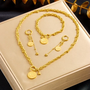 Vintage gold portrait coin pendant jewelry set with necklace bracelet and earrings
