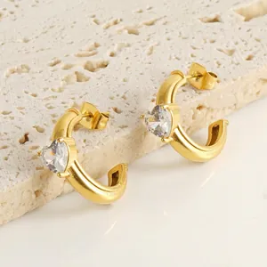 Boucles D'oreilles Créoles En Forme De C Avec Zircon Coeur Pour Femmes Acier Inoxydable Plaqué Or 18K Bijoux Élégants
