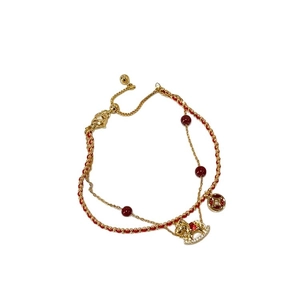 18k gold plated double-layer bracelet with red beads, rocking horse and coin charms