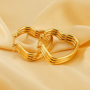 Elegant 18K gold-plated stainless steel heart-shaped hoop earrings with triple layer design