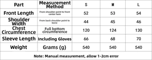 Size chart for casual stand collar padded jacket showing S, M, L dimensions and weight