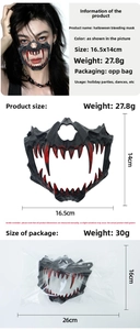 Detailed view of Halloween bleeding mask dimensions with model display and packaging info