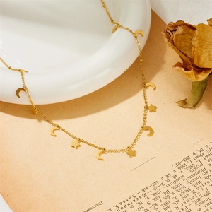 French style gold-plated stainless steel necklace with moon and star pendants