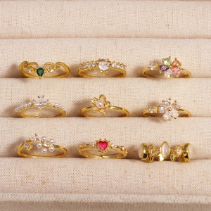 Copper Zircon Ring Simulated Artificial Pearl Flower Heart Crown Shape Adjustable 18K Gold Plated Elegant Jewelry Women