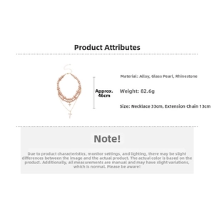 Detailed view of layered pink pearl necklace with crystal cross pendant and size specs