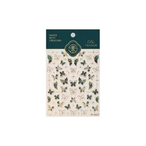 Deep green jade-style butterfly nail art decals with gold trim on white background