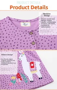 Detail view of purple polka dot cotton dress featuring alpaca embroidery and wooden buttons