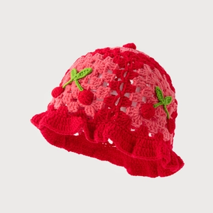 Pink and red handmade crochet bucket hat with 3D cherry accents and ruffled brim