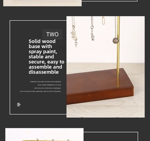 Detail of solid wood base and gold metal rack for stable jewelry necklace display
