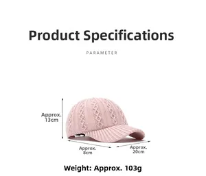 Pink knit baseball cap with cable pattern texture and detailed product measurements