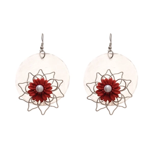 Bohemian style shell flower earrings with red resin details and center pearls