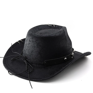 Detail of black western cowboy hat with silver rings, metal studs and matte leather texture