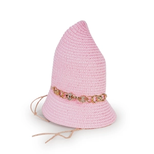 Detailed texture of pink woven sun hat featuring a gold floral chain and chin strap