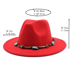 Detailed size specifications for red wool felt fedora with turquoise beaded trim