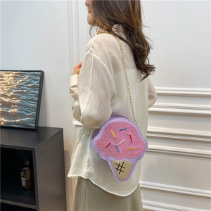 Creative ice cream shaped crossbody bag with pink glitter and gold chain strap