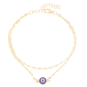Double-layered gold alloy anklet featuring Turkish blue evil eye charms and rhinestones
