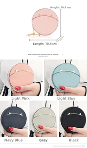 Detailed size chart and multi-color selection of cute cat-ear mini leather coin purses