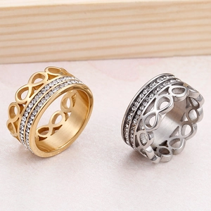 Infinity double-row crystal rings in gold and silver stainless steel 45-degree angle