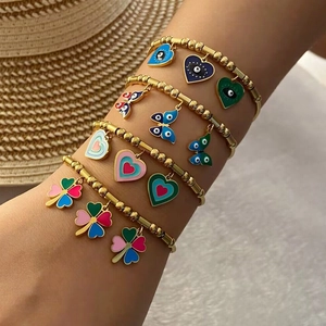 Stainless Steel Enamel Evil Eye Bracelet Heart Butterfly Clover Charms Bohemian Fashion Adjustable For Women