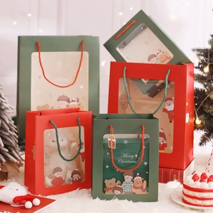 Christmas hollow gift bags with transparent windows and festive cartoon illustrations
