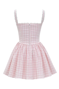 Back view of pink plaid dress with lace shoulder straps and invisible zipper detail