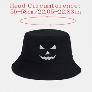 Detail view of black Halloween bucket hat showing 56-58cm head circumference size
