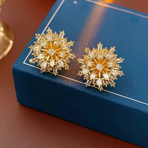 Flower Stud Earrings Copper Real Gold Plated With Zircon Marquise Cut Elegant Vintage Jewelry For Women Silver Earring Post