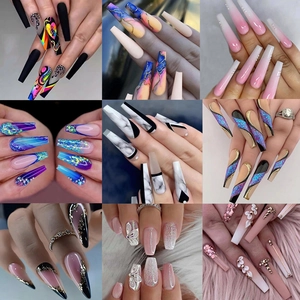 Long Coffin Press On Nails French Tip Rhinestone Glitter Artificial False Nail For Women Daily Wear