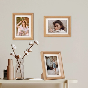 Natural wood photo frame set for wall hanging and tabletop display with white matting