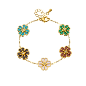 Gold-plated stainless steel bracelet with five multi-colored flower pendants and zircon