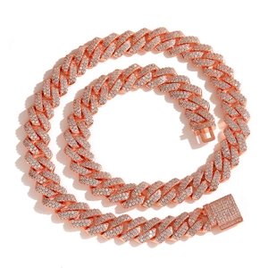 Men's hip hop 14mm rose gold Cuban link necklace with sparkling zircon pave on white surface