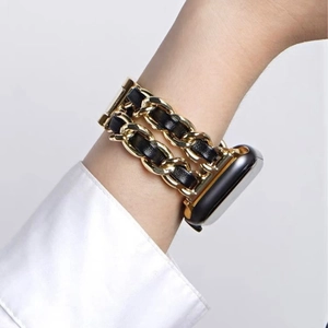 Double wrap Apple Watch band with gold metal chain and black leather weaving strap