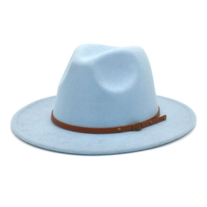 Close-up of light blue wool fedora hat with decorative brown leather belt and metal buckle