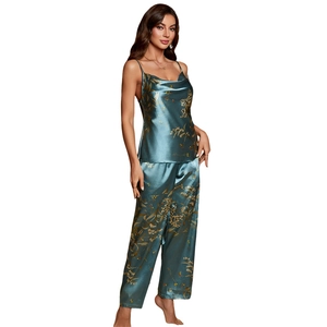 Women's teal floral satin pajama set with V-neck camisole top and long pants