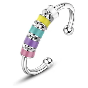 Adjustable silver spinner ring with colorful pink purple blue yellow rotating beads