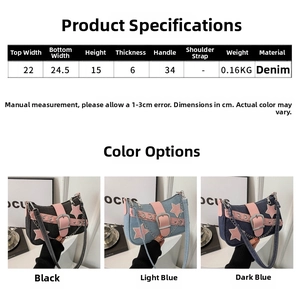 Detailed size chart and dimensions for the star-patterned denim shoulder bag