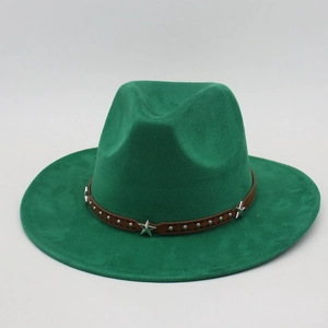 Vintage Western Cowboy Fedora Hat Wide Brim Suede Fabric With Leather Band Metal Star Rivets Unisex Outdoor Fashion
