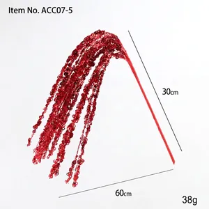 Detail of a 60cm red glitter sequin branch showing size dimensions and tassels