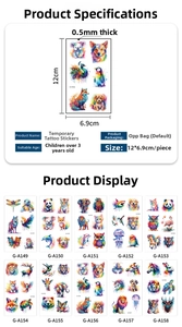 Detailed size specifications for waterproof colorful animal temporary tattoos for kids