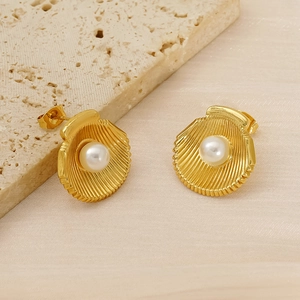 Elegant 18K gold plated shell stud earrings with white pearls on a natural stone base